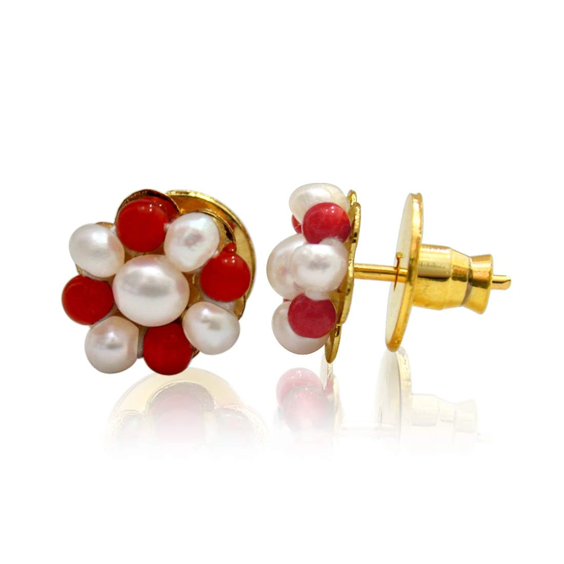 Real Freshwater Pearl & Red Coral Beads Kuda Jodi Earrings for Women (SE109)