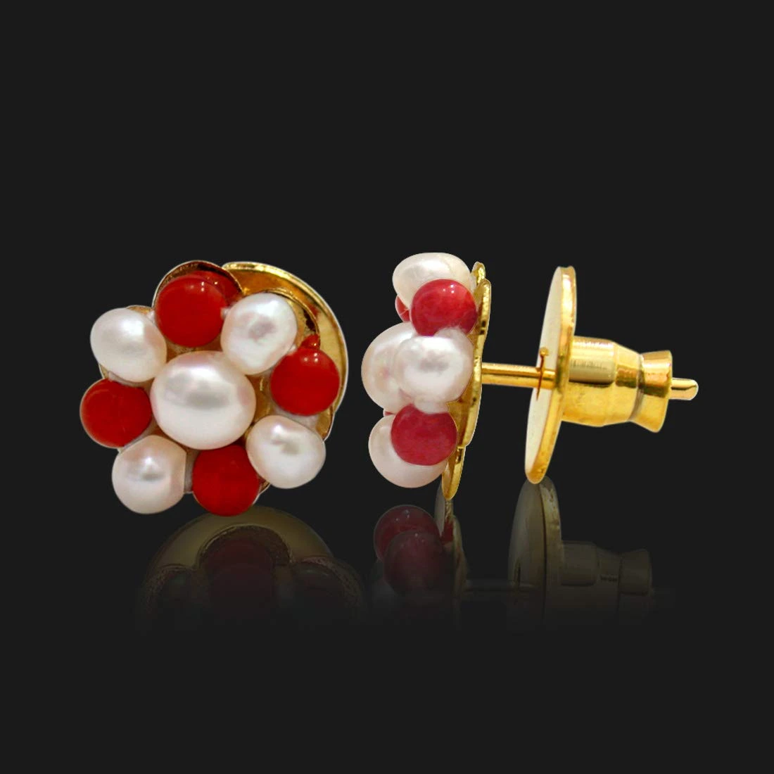 Real Freshwater Pearl & Red Coral Beads Kuda Jodi Earrings for Women (SE109)