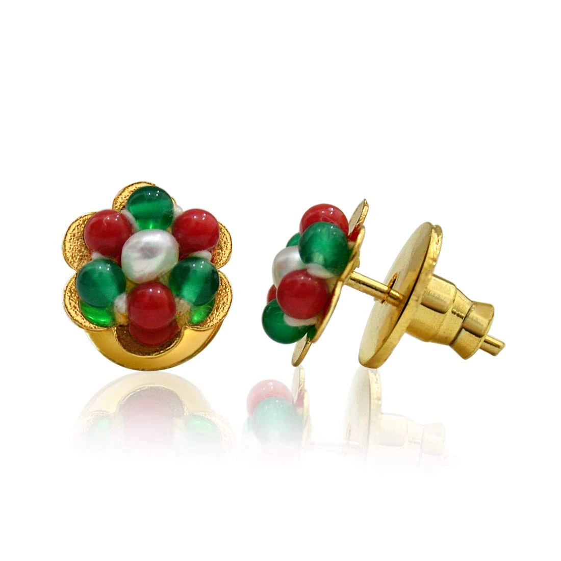 Real Green Onyx & Red Coral Beads Kuda Jodi Earrings (SE111)