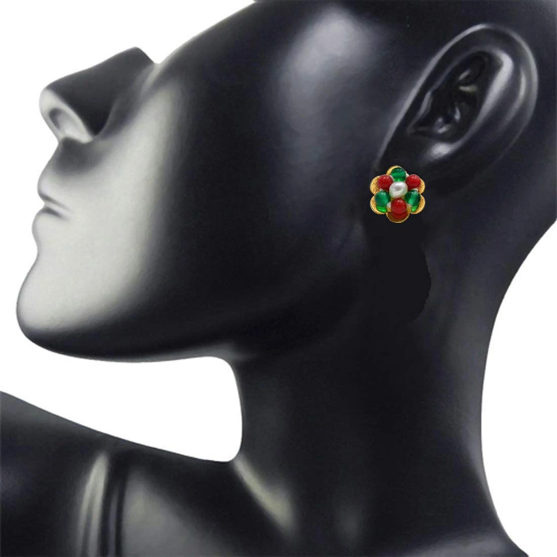 Real Green Onyx & Red Coral Beads Kuda Jodi Earrings (SE111)
