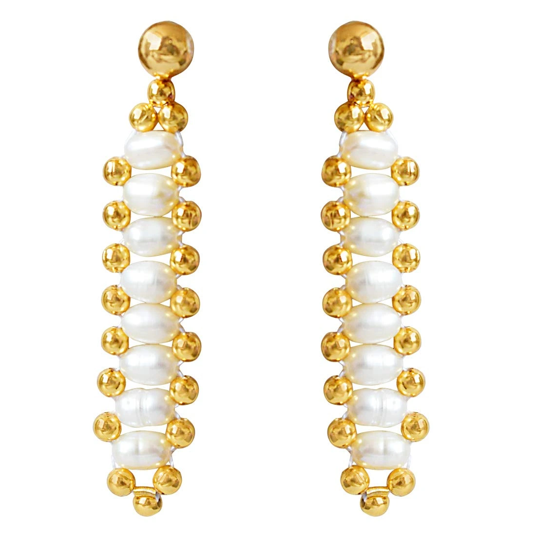 Heavenly - Real Rice Pearl & Gold Plated Beads Hanging Earrings for Women (SE12)