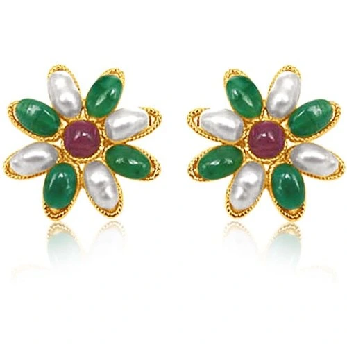 Star Shaped Real Ruby & Emerald & Rice Pearl Earrings for Women (SE122)