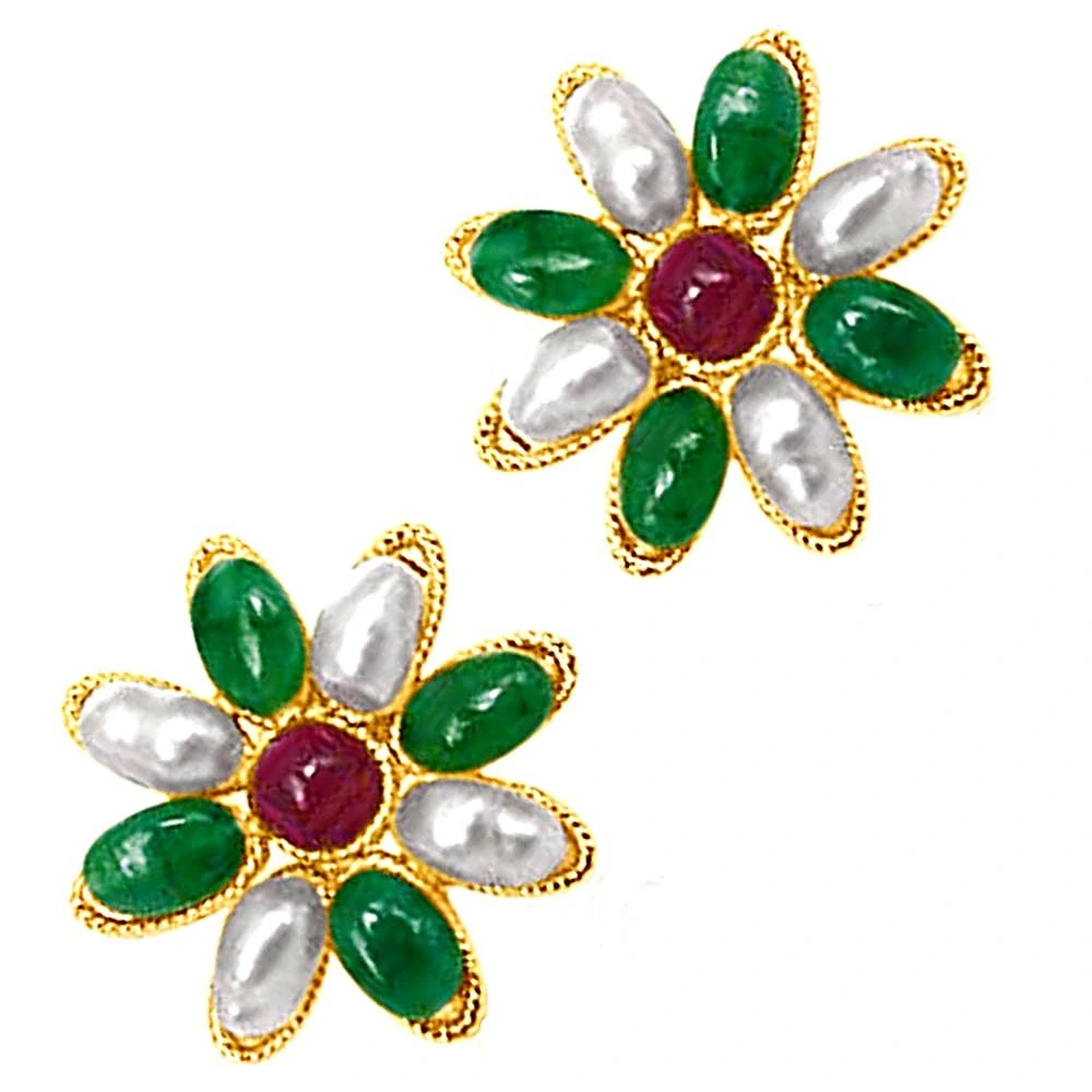 Star Shaped Real Ruby & Emerald & Rice Pearl Earrings for Women (SE122)