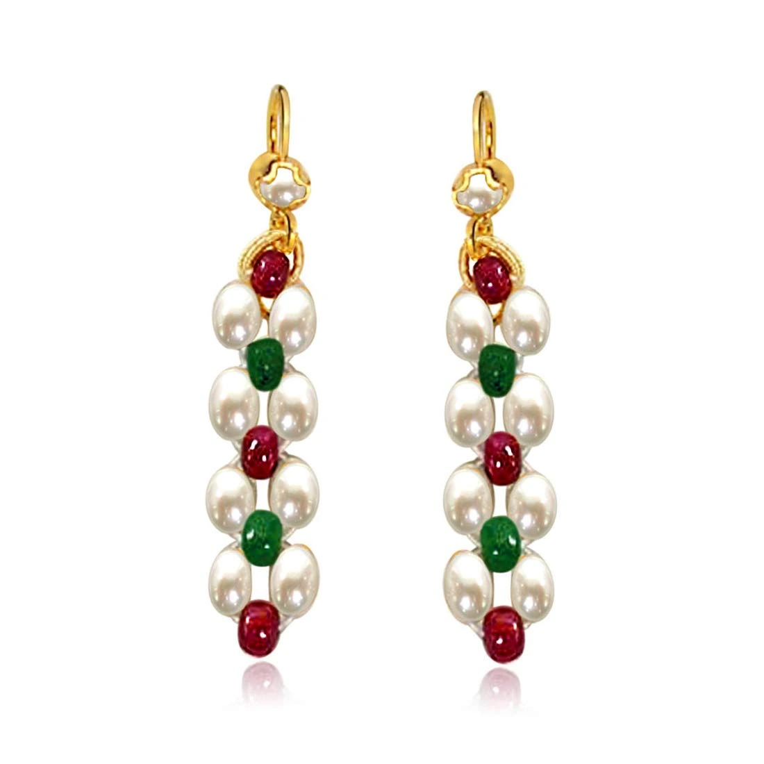 Dangling Rice Pearl, Ruby & Emerald Beads Earrings for Women (SE124)