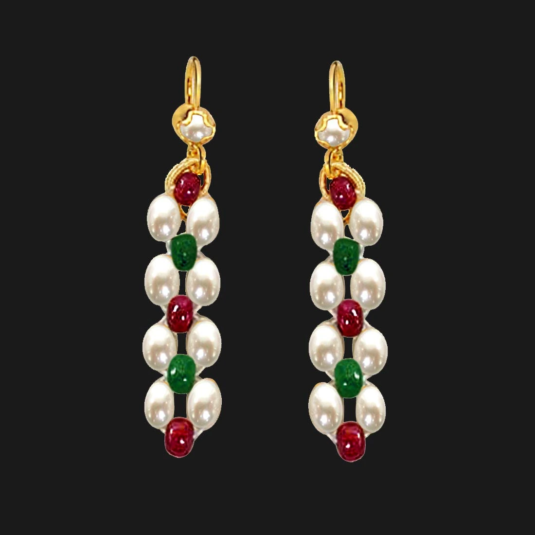 Dangling Rice Pearl, Ruby & Emerald Beads Earrings for Women (SE124)