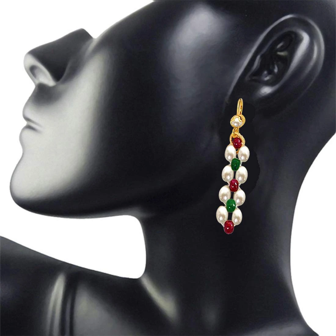 Dangling Rice Pearl, Ruby & Emerald Beads Earrings for Women (SE124)