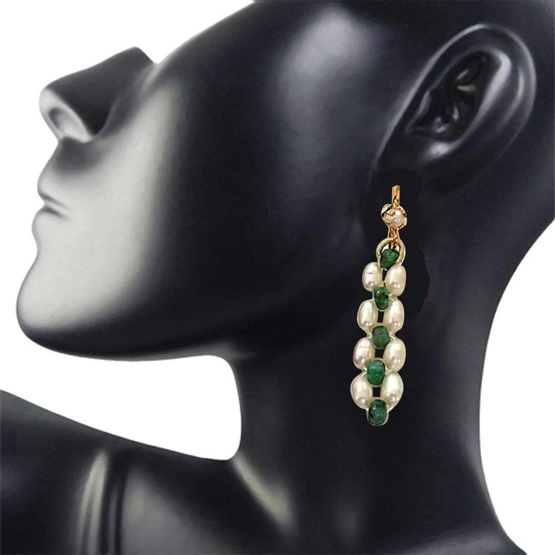 Real Emerald beads & Rice Pearl Hanging Earrings for Women (SE125)