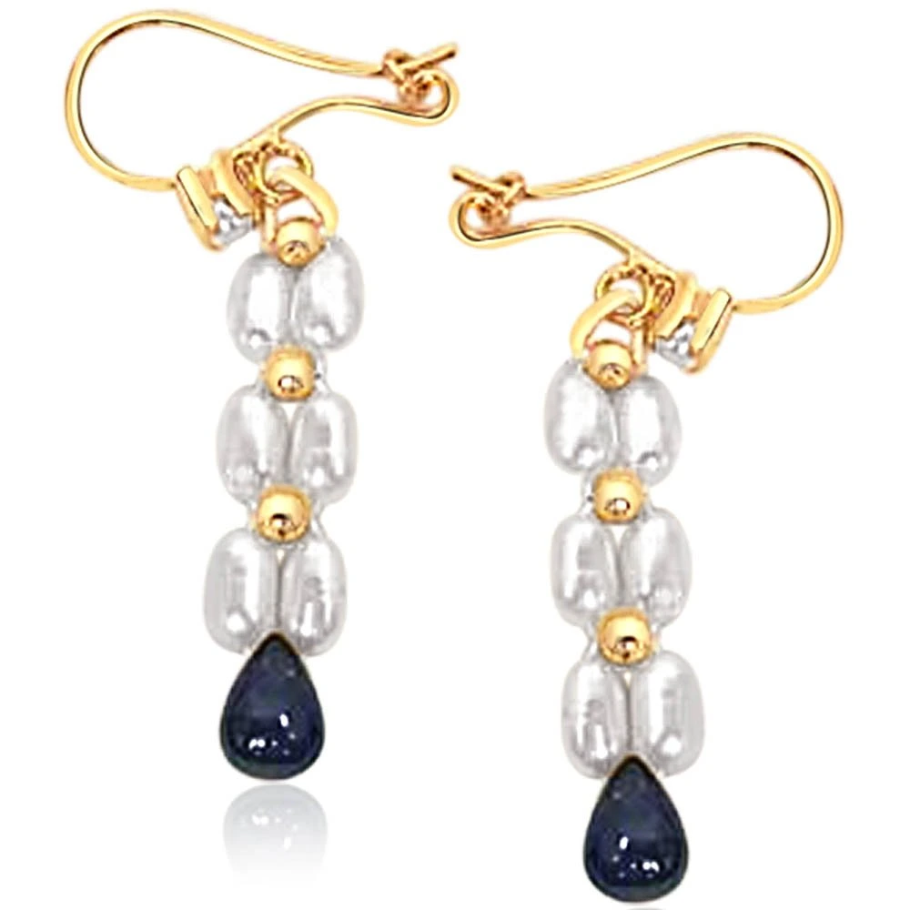 Real Drop Sapphire & Rice Pearl Hanging Earrings for Women (SE127)