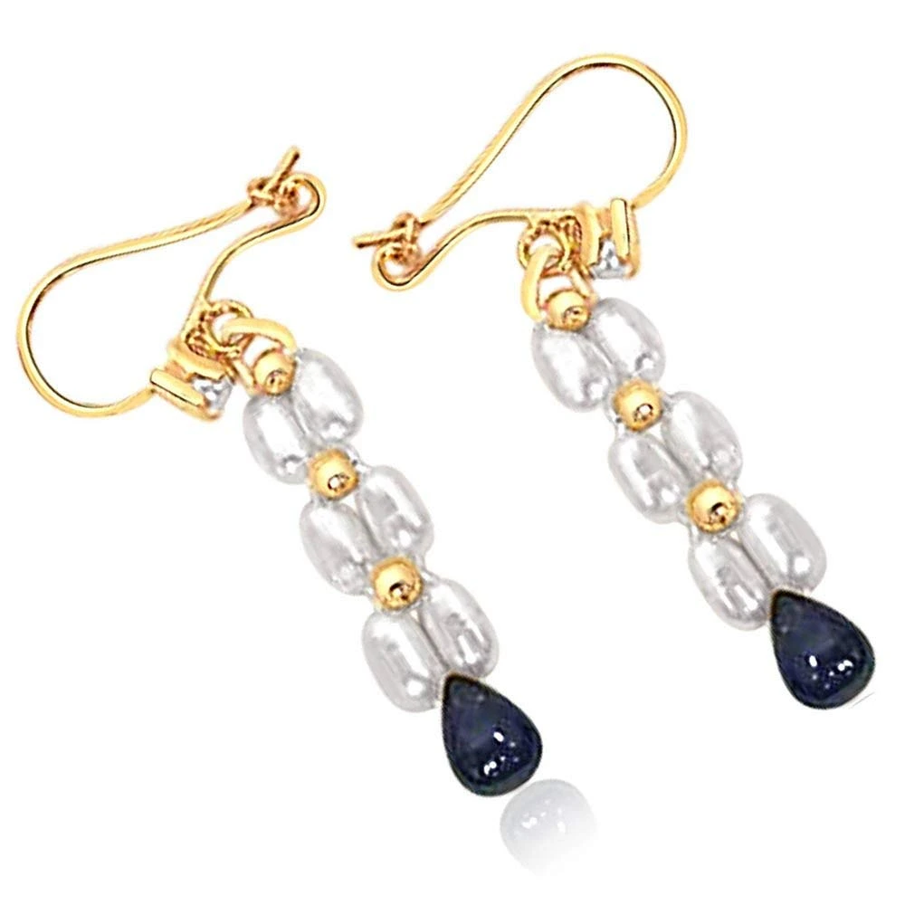 Real Drop Sapphire & Rice Pearl Hanging Earrings for Women (SE127)