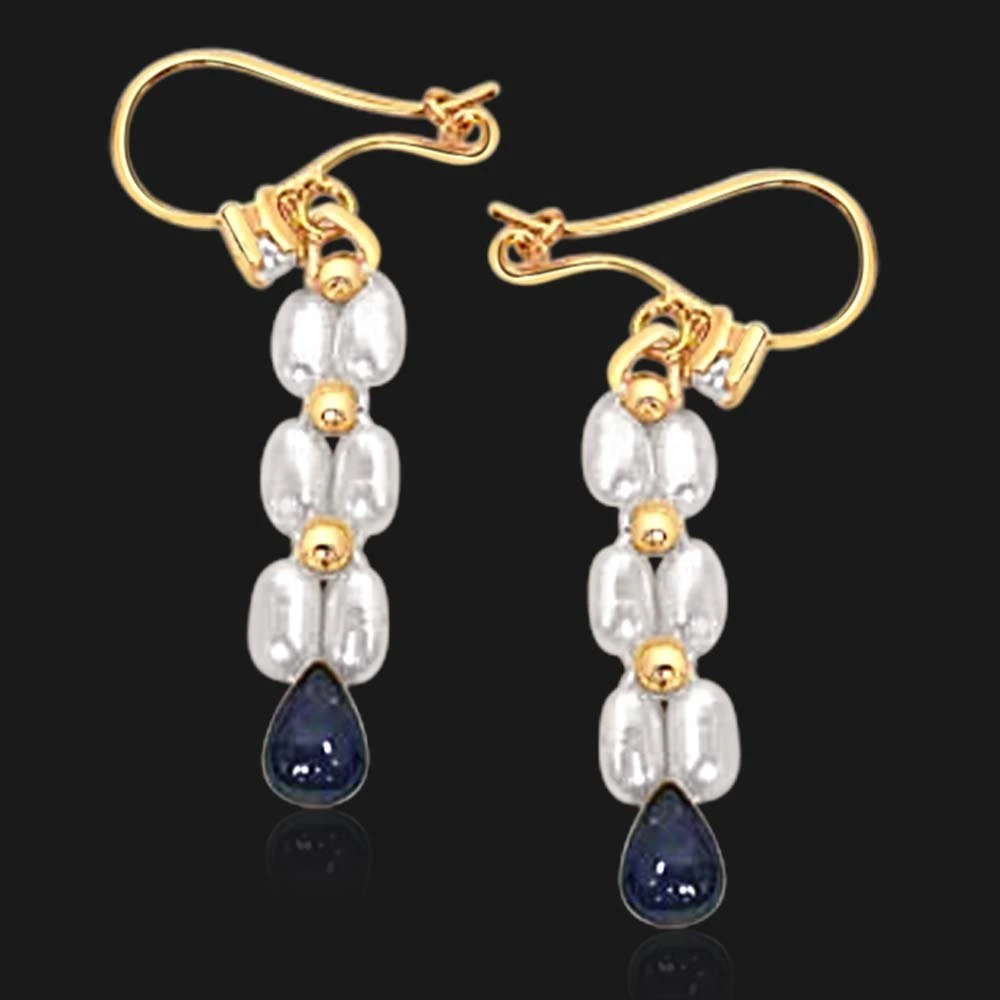Real Drop Sapphire & Rice Pearl Hanging Earrings for Women (SE127)
