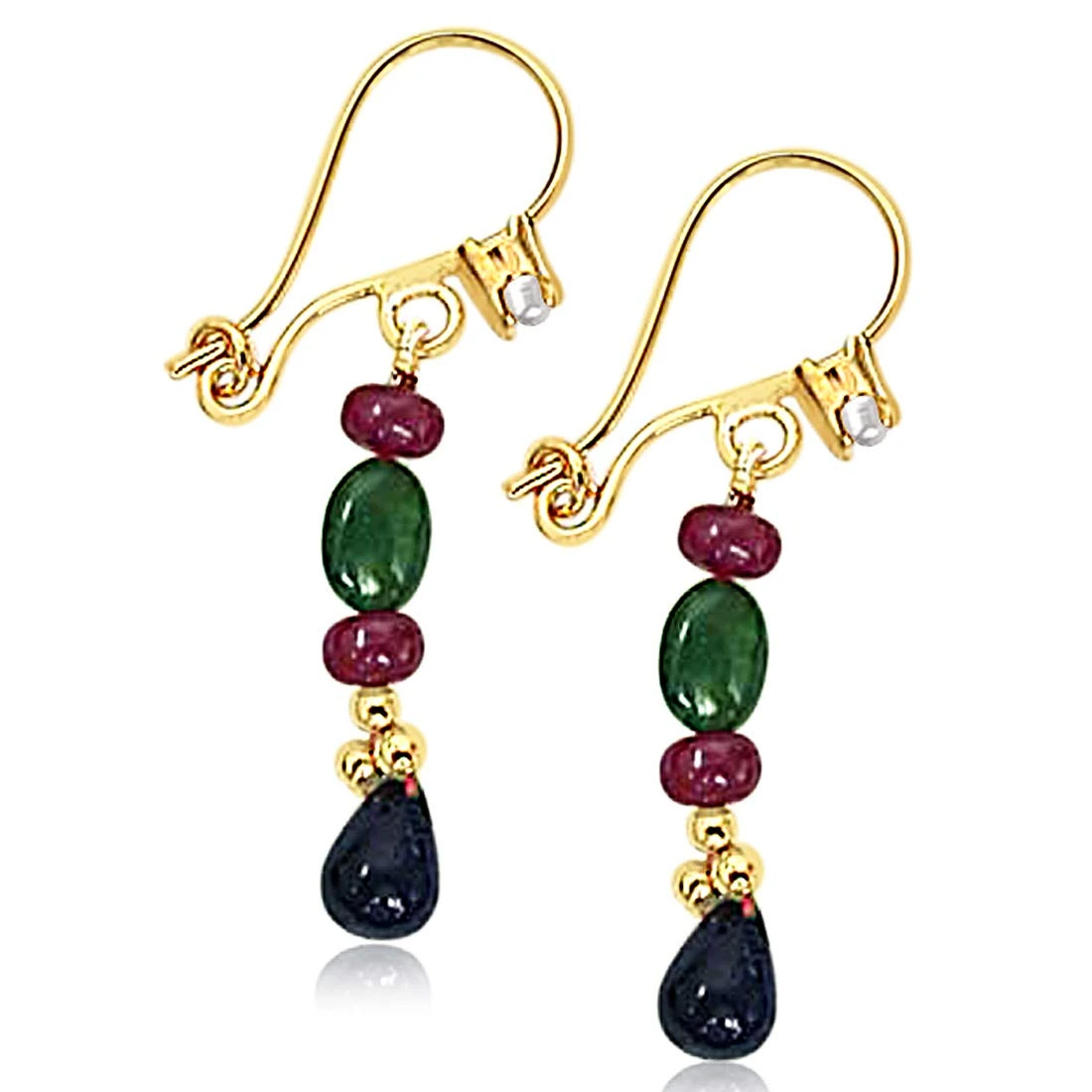 Real Drop Sapphire, Oval Emerald & Ruby Beads Hanging Earrings for Women (SE128)