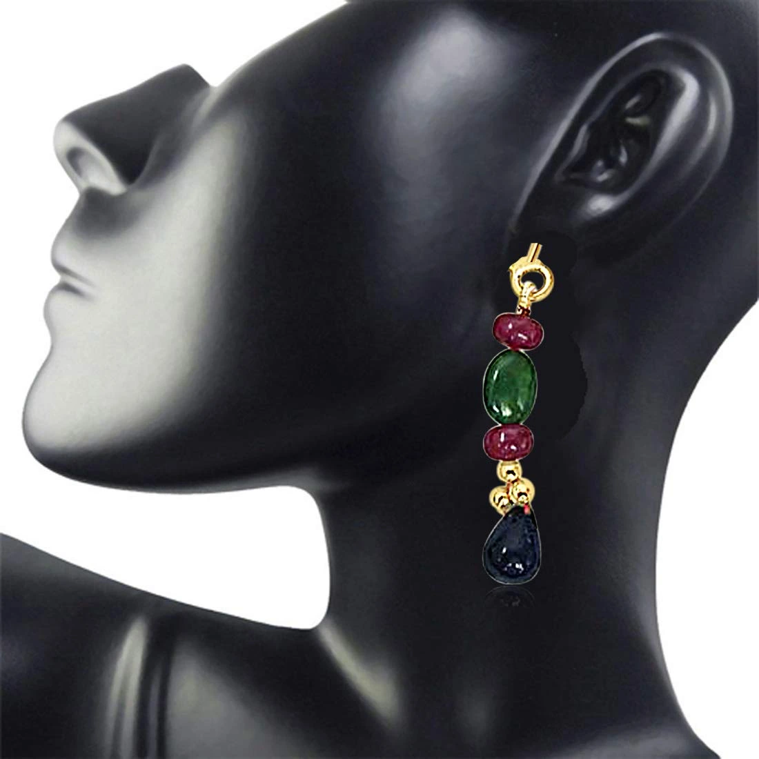 Real Drop Sapphire, Oval Emerald & Ruby Beads Hanging Earrings for Women (SE128)