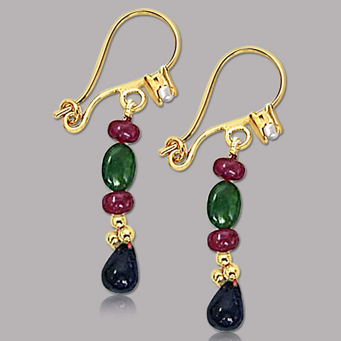 Real Drop Sapphire, Oval Emerald & Ruby Beads Hanging Earrings for Women (SE128)