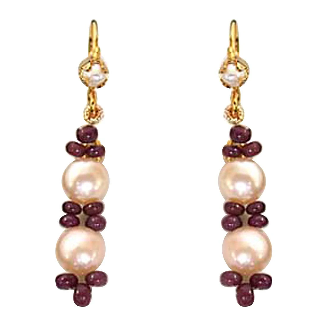 Real Ruby Beads & Peach Button Pearl Hanging Earrings for Women (SE129)