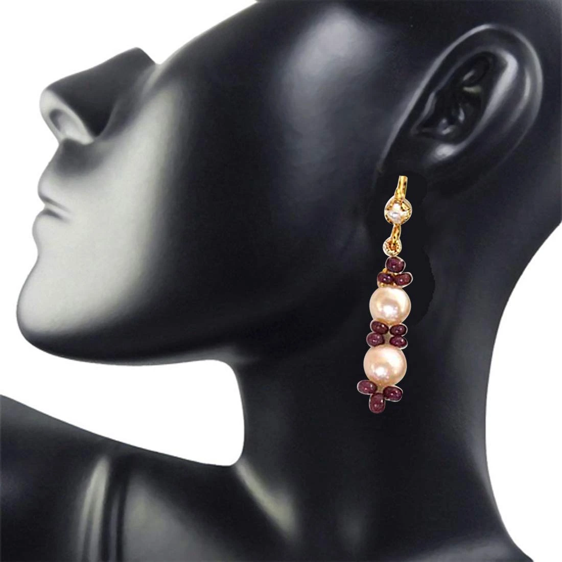 Real Ruby Beads & Peach Button Pearl Hanging Earrings for Women (SE129)