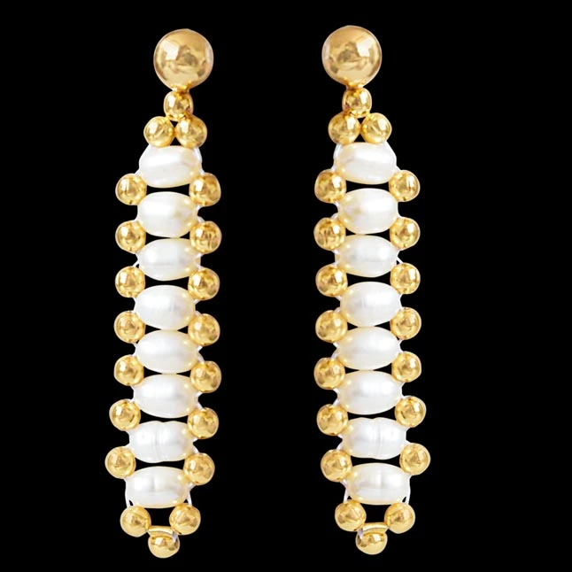 Heavenly - Real Rice Pearl & Gold Plated Beads Hanging Earrings for Women (SE12)