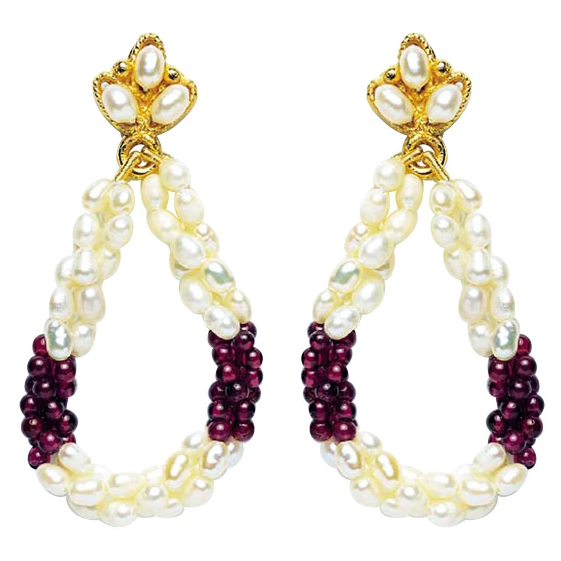 Ecstatic Elegance - Real Rice Pearl & Red Garnet Beads Twisted Hanging Earrings for Women (SE13)