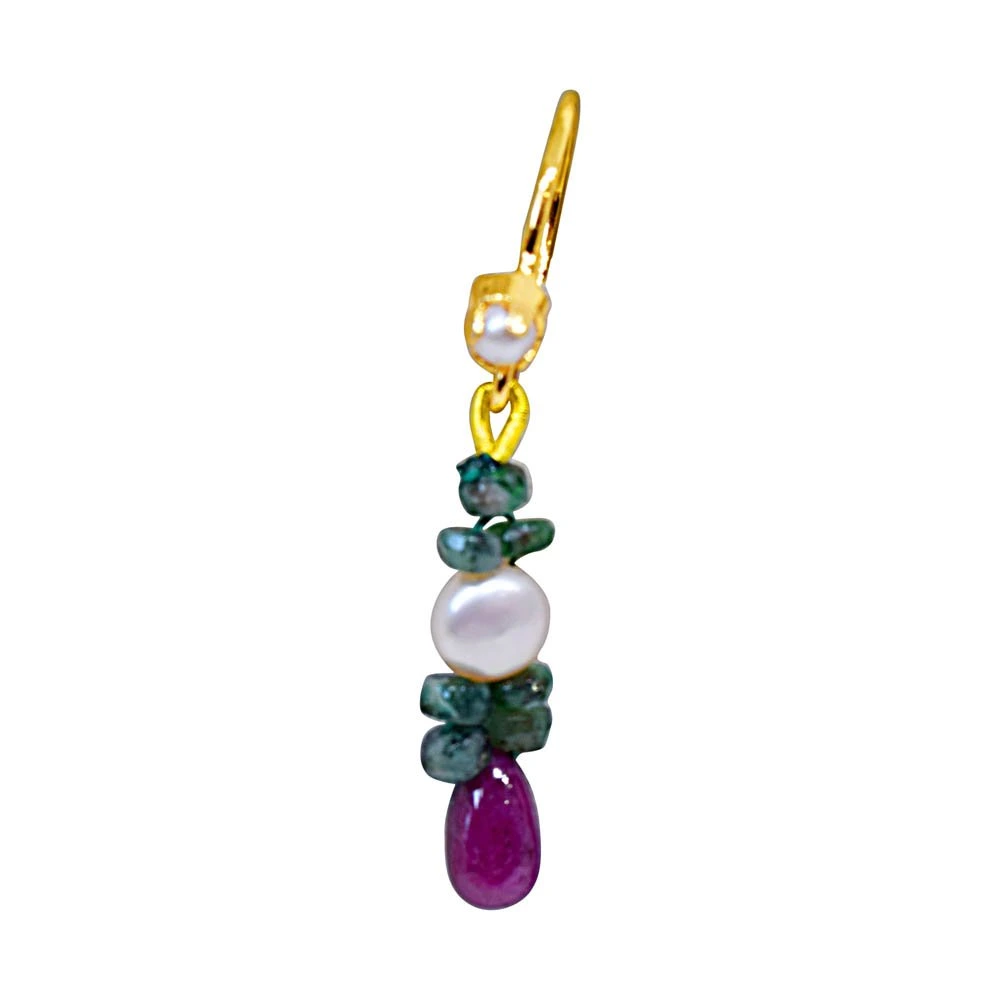 Real Drop Ruby, Emerald Beads & Peach Button Pearl Hanging Earrings for Women (SE130)