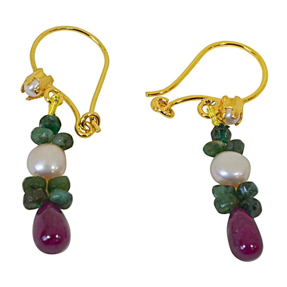 Real Drop Ruby, Emerald Beads & Peach Button Pearl Hanging Earrings for Women (SE130)