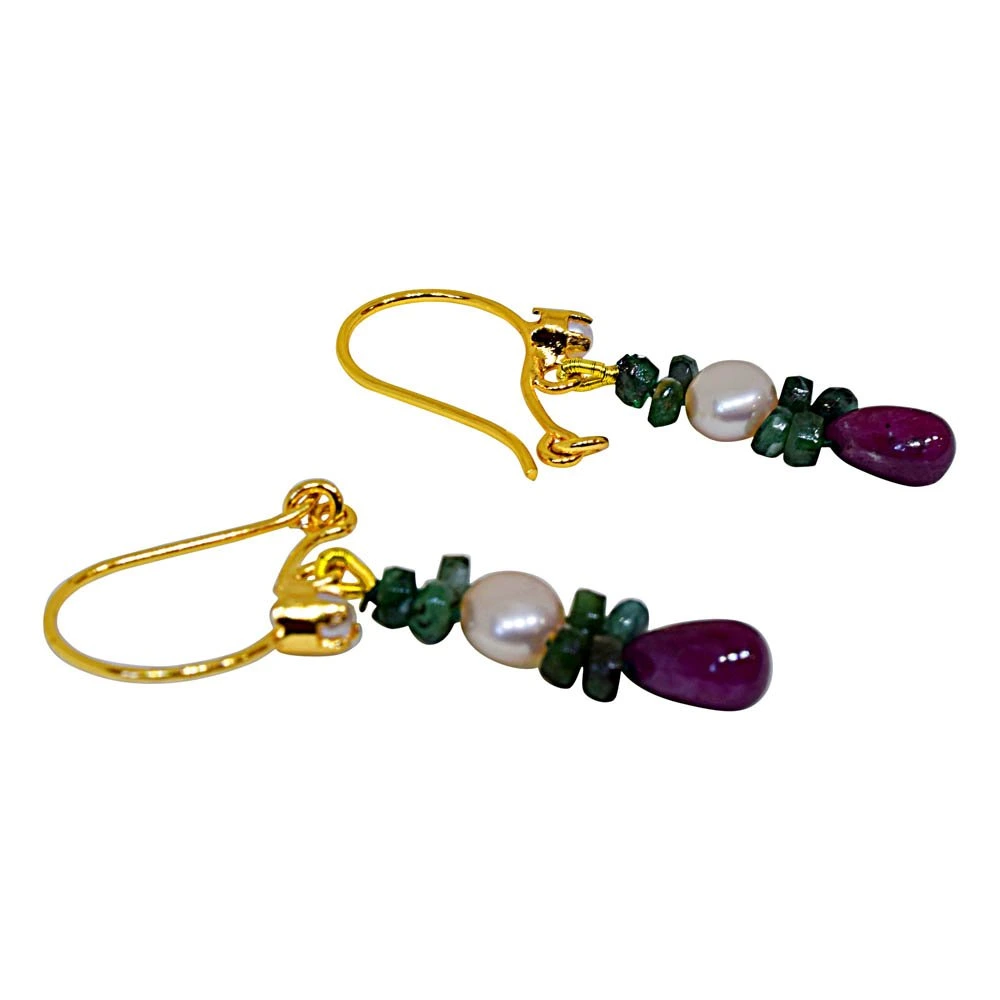 Real Drop Ruby, Emerald Beads & Peach Button Pearl Hanging Earrings for Women (SE130)