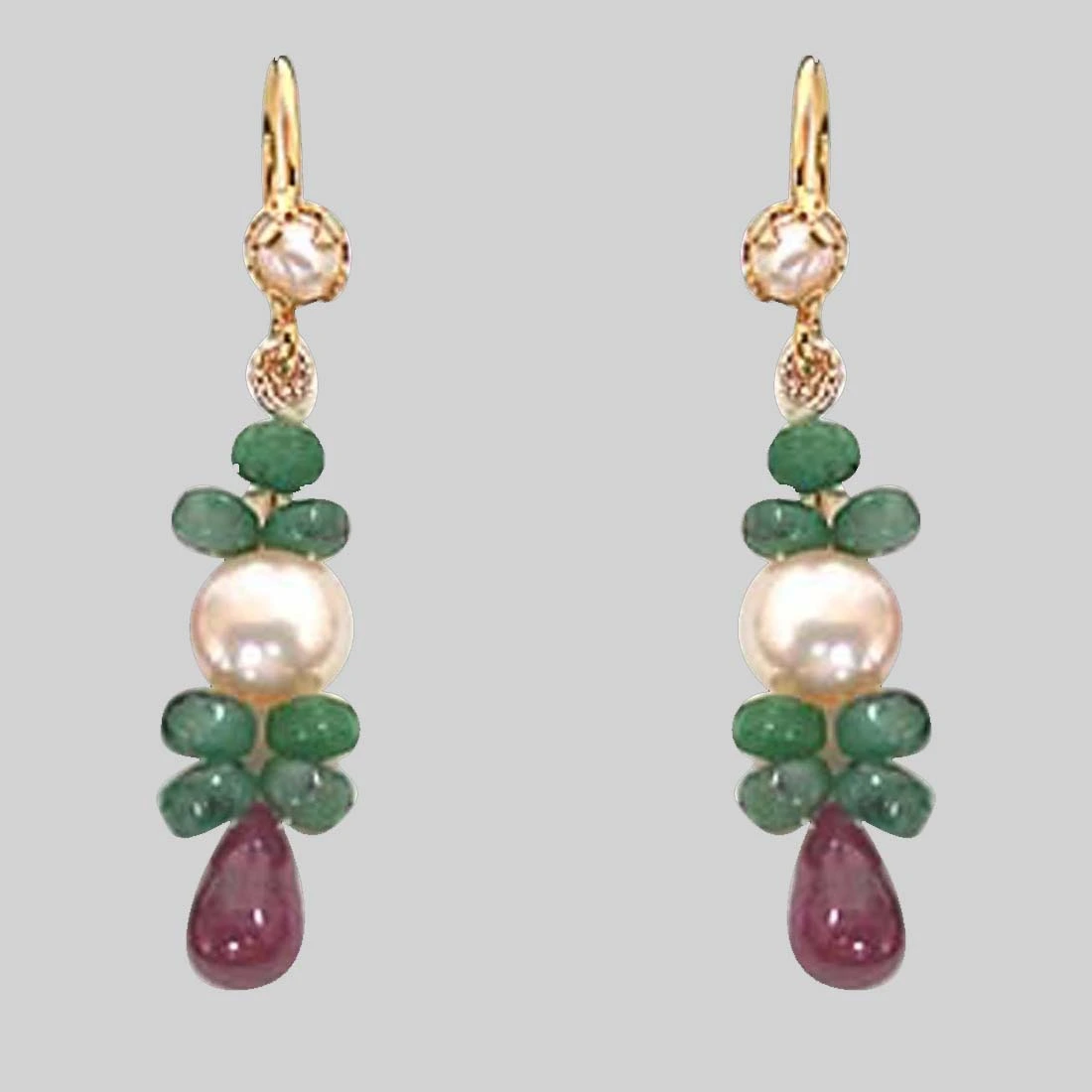 Real Drop Ruby, Emerald Beads & Peach Button Pearl Hanging Earrings for Women (SE130)