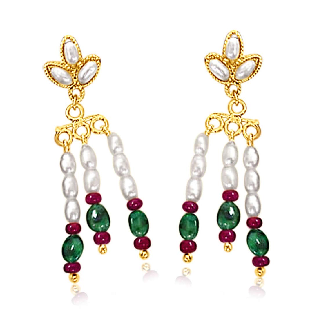 Red Oval Emerald, Red Ruby Beads & Rice Pearl Hanging Earrings for Women (SE132)