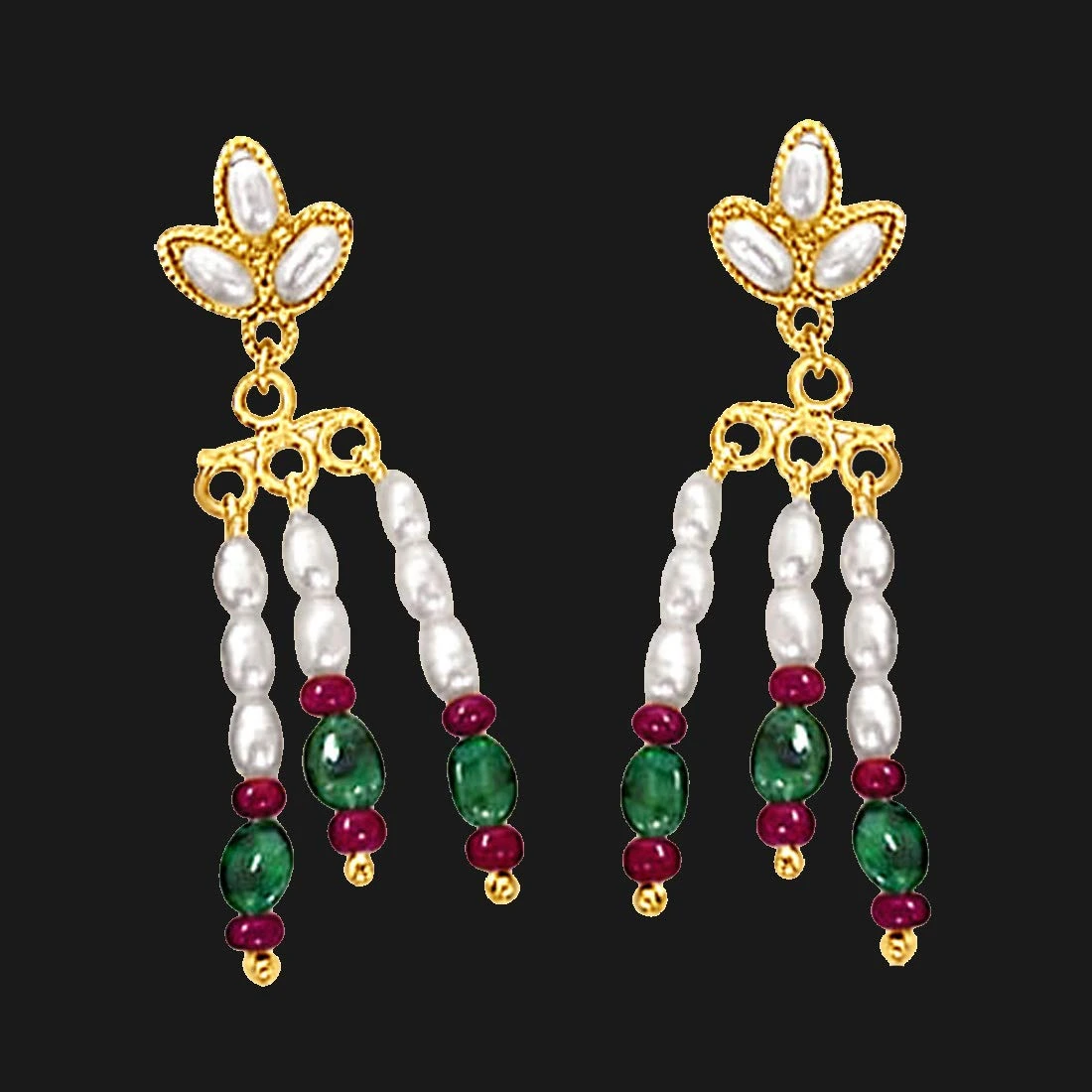 Red Oval Emerald, Red Ruby Beads & Rice Pearl Hanging Earrings for Women (SE132)