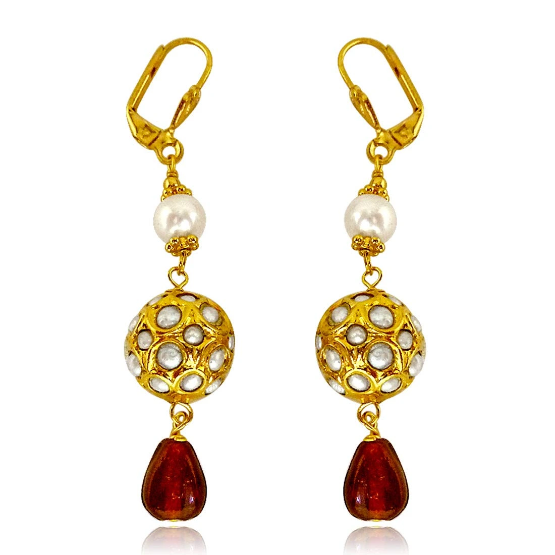 Round Kundan Beads & Red Coloured stone hanging Earrings for Women (SE133)