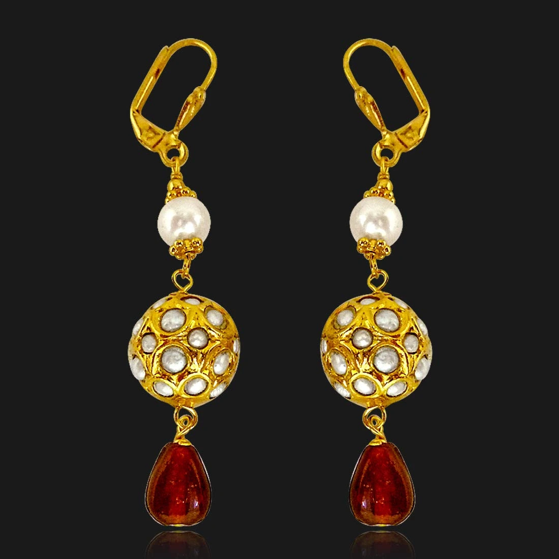 Round Kundan Beads & Red Coloured stone hanging Earrings for Women (SE133)