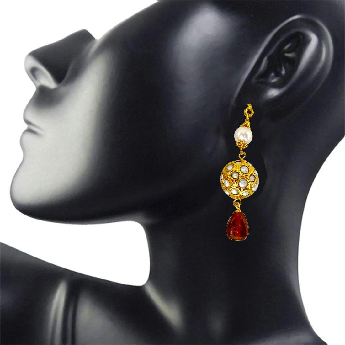 Round Kundan Beads & Red Coloured stone hanging Earrings for Women (SE133)