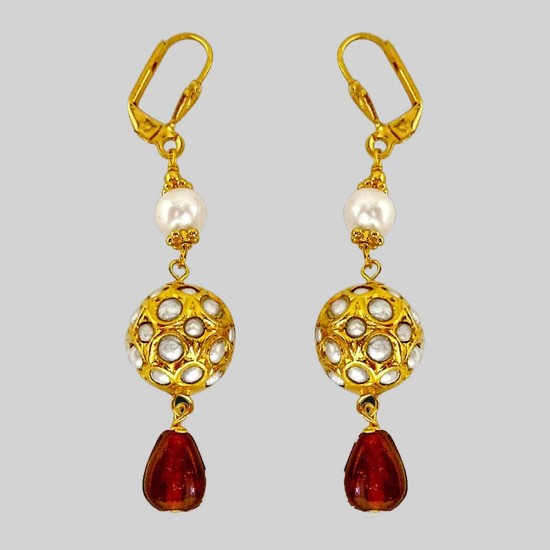 Round Kundan Beads & Red Coloured stone hanging Earrings for Women (SE133)