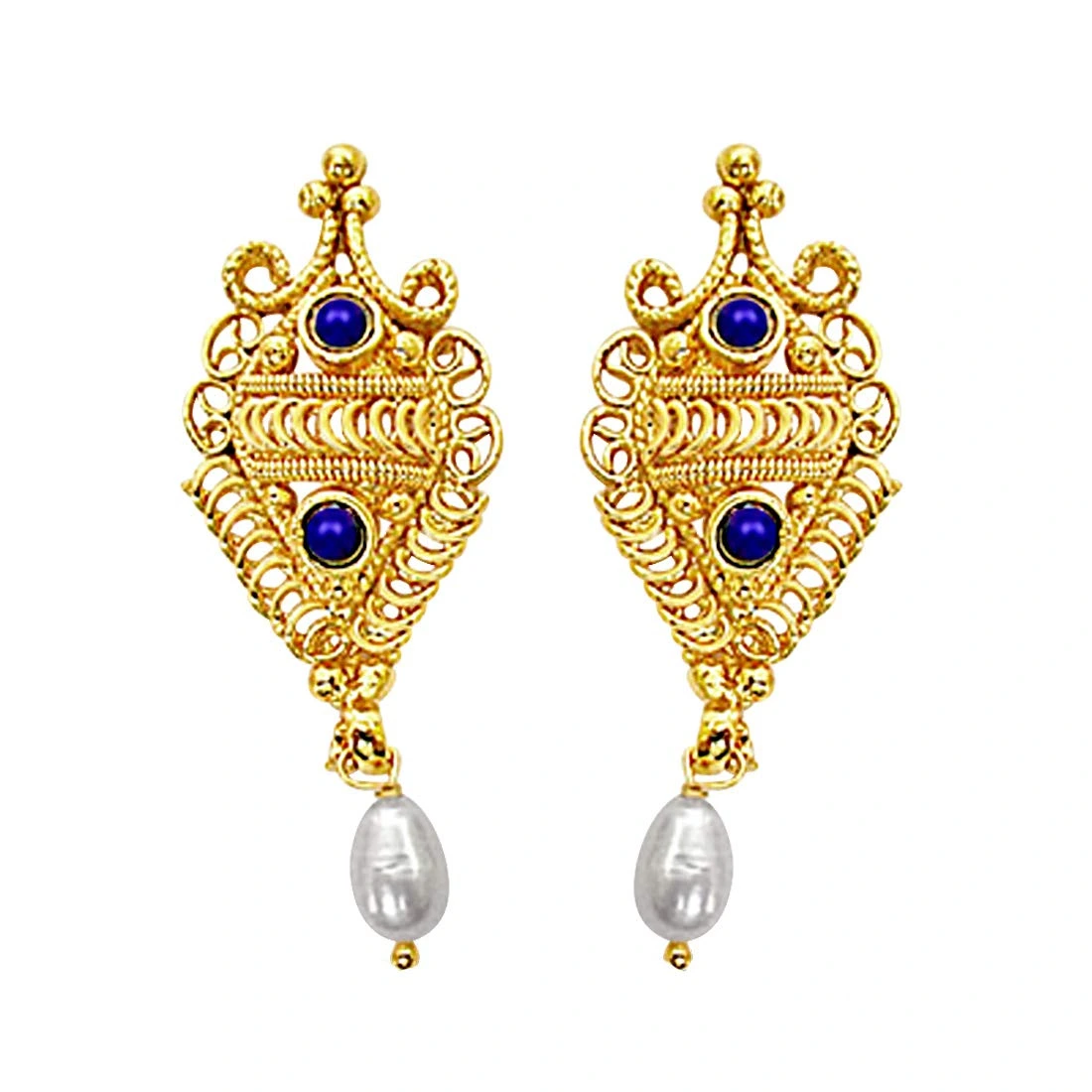 Fancy Shaped Freshwater Pearl, Blue Lapiz & Gold Plated Earrings for Women (SE139)