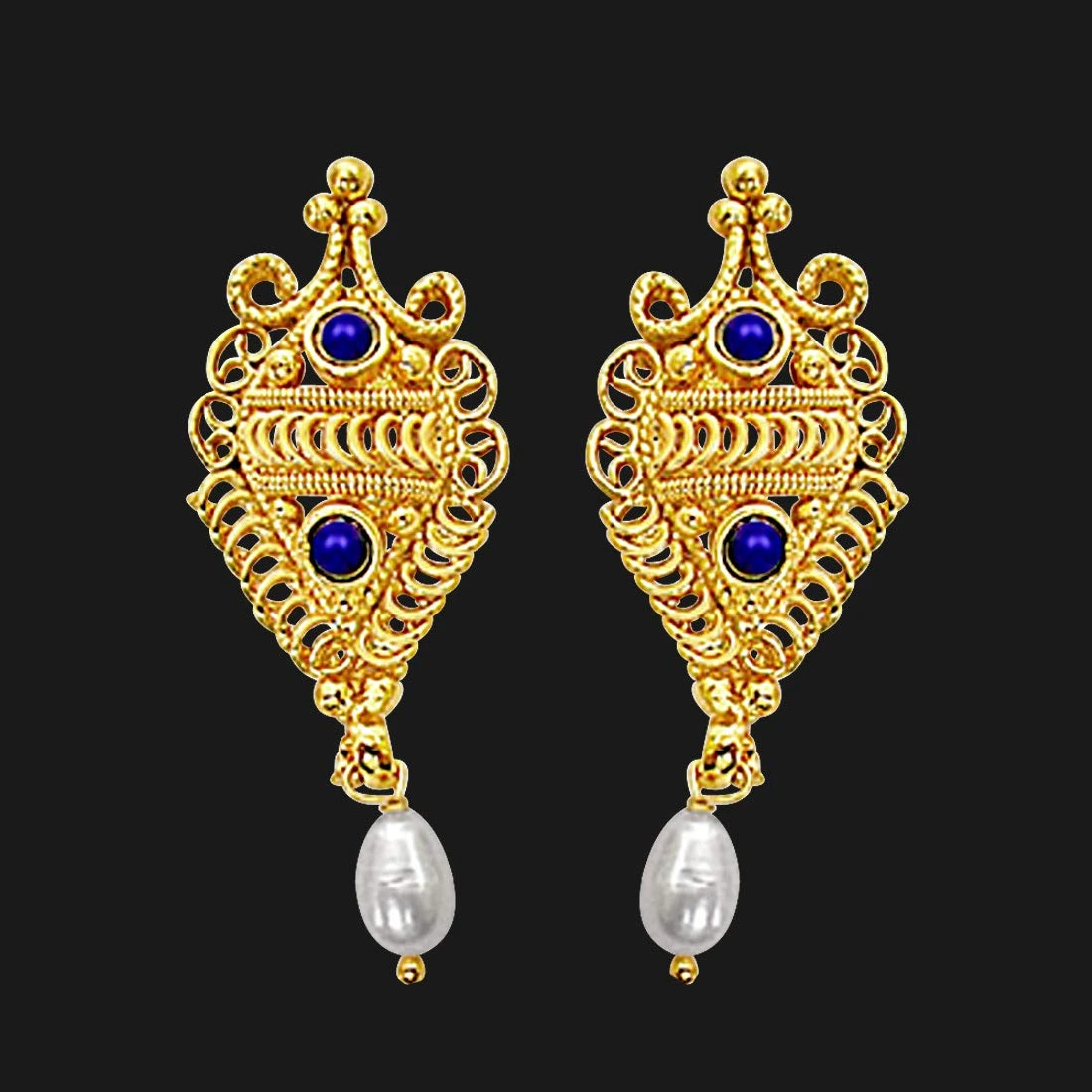 Fancy Shaped Freshwater Pearl, Blue Lapiz & Gold Plated Earrings for Women (SE139)