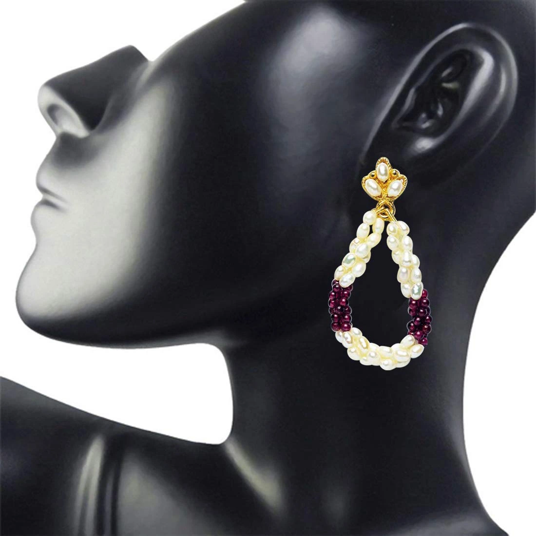 Ecstatic Elegance - Real Rice Pearl & Red Garnet Beads Twisted Hanging Earrings for Women (SE13)