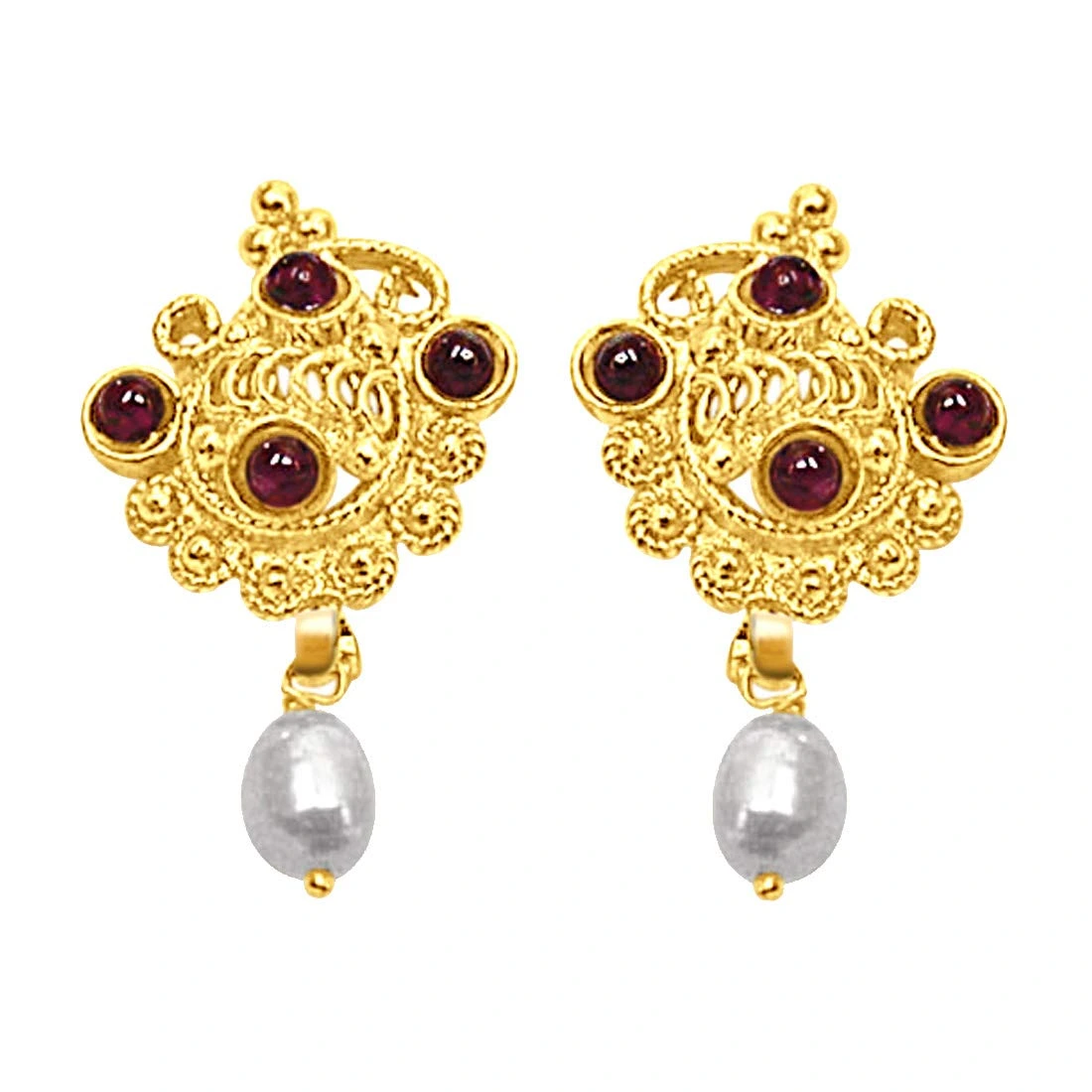 24kt Gold Plated, Freshwater Pearl & Garnet Earrings (SE141)