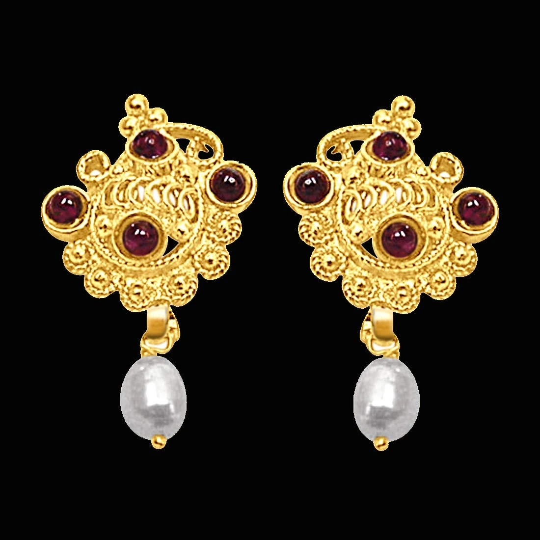 24kt Gold Plated, Freshwater Pearl & Garnet Earrings (SE141)