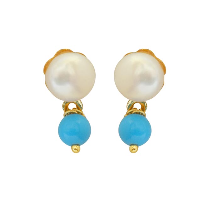 Blue Turquoise Beads and Button Pearl Stud Earrings (SE146)