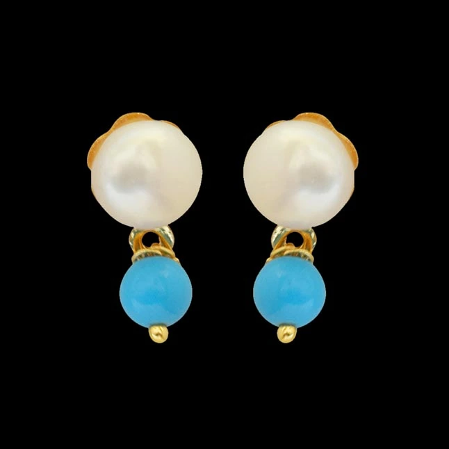 Blue Turquoise Beads and Button Pearl Stud Earrings (SE146)