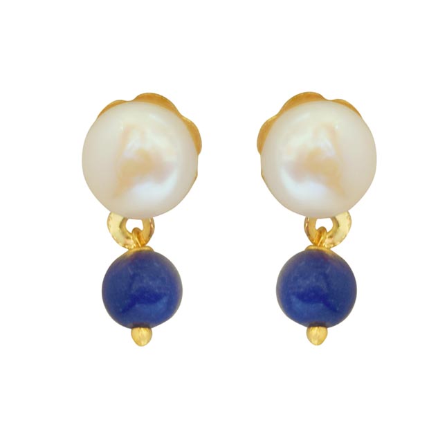 Blue Lapiz Beads and Button Pearl Stud Earrings (SE147)