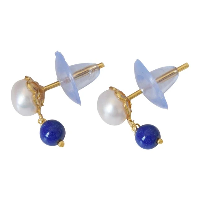 Blue Lapiz Beads and Button Pearl Stud Earrings (SE147)