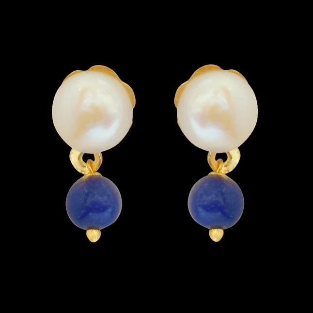 Blue Lapiz Beads and Button Pearl Stud Earrings (SE147)