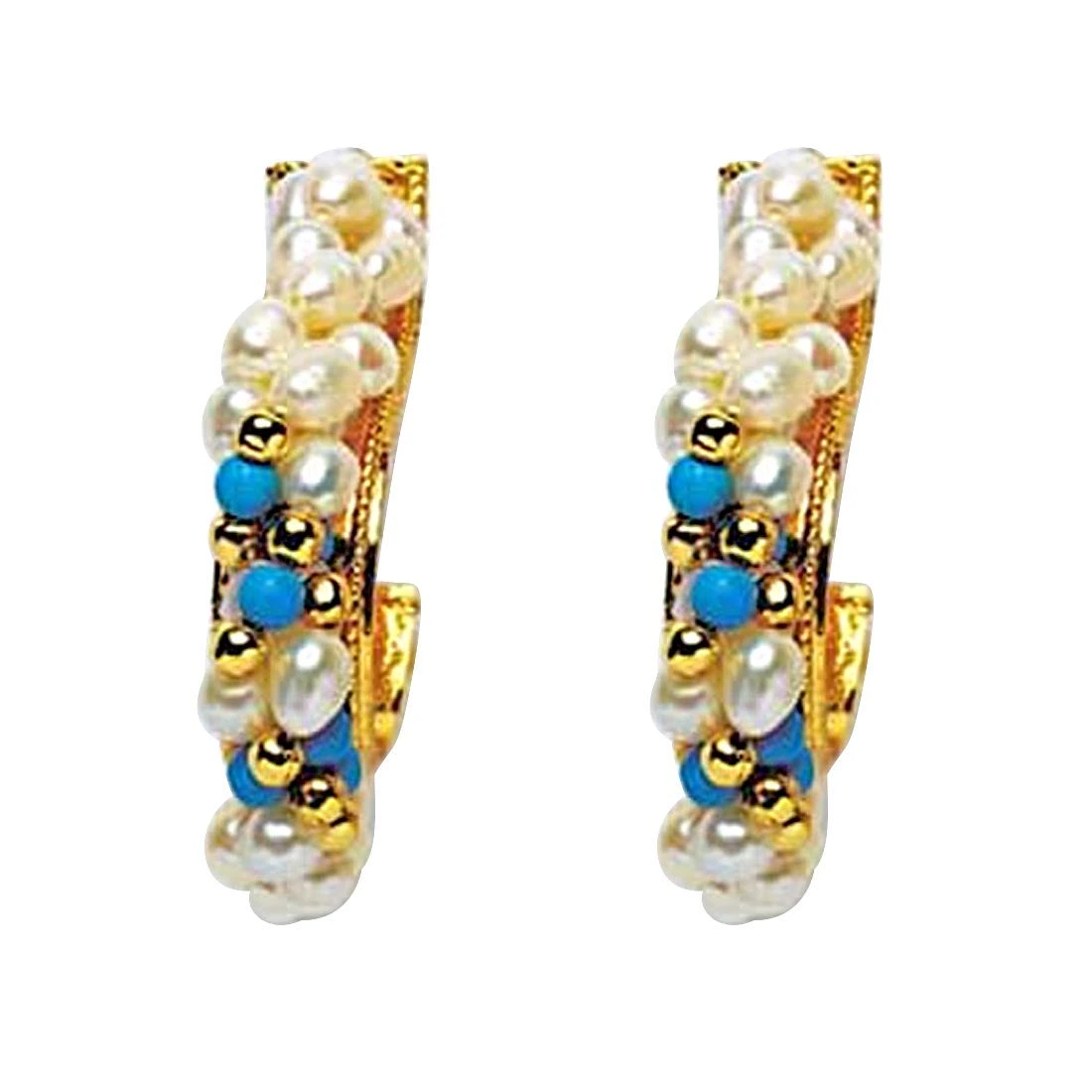 Rapturous Ravishing - Real Rice Pearl & Turquoise Beads Bali Style Earring for Women (SE15)