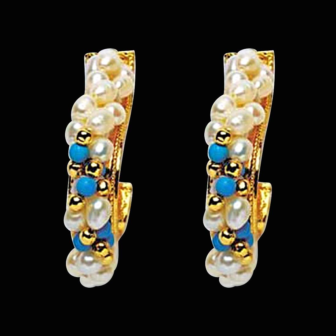 Rapturous Ravishing - Real Rice Pearl & Turquoise Beads Bali Style Earring for Women (SE15)