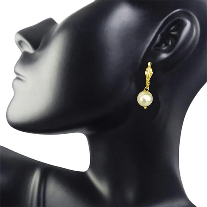 Yellow Shell Pearl and Flower Shaped Gold Plated Wire Dangle and Drop Earrings (SE169)