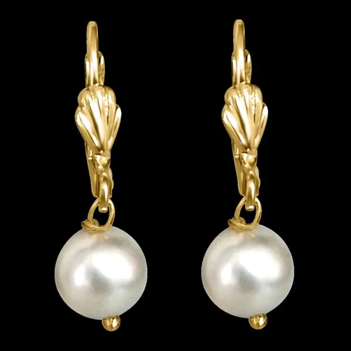 White Shell Pearl and Flower Shaped Gold Plated Wire Dangle and Drop Earrings (SE172