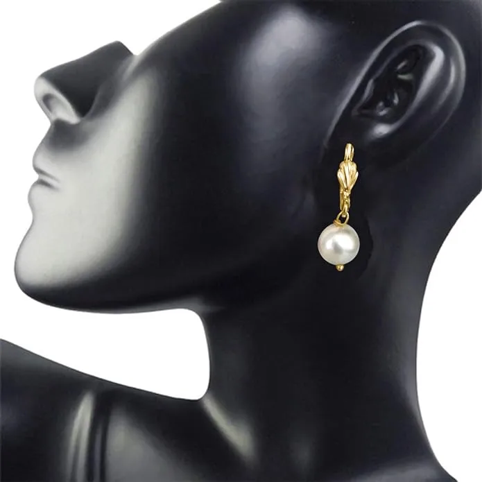 White Shell Pearl and Flower Shaped Gold Plated Wire Dangle and Drop Earrings (SE172