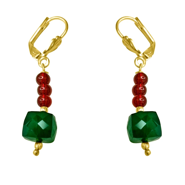Traditional Real Green Onyx & Red Coloured Stone Earrings. - Earrings