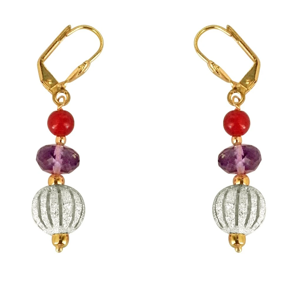 Fancy Purple Amethyst, Silver Plated Ball & Red Beads Earrings (SE178)