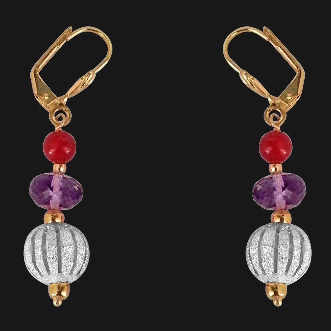 Fancy Purple Amethyst, Silver Plated Ball & Red Beads Earrings (SE178)