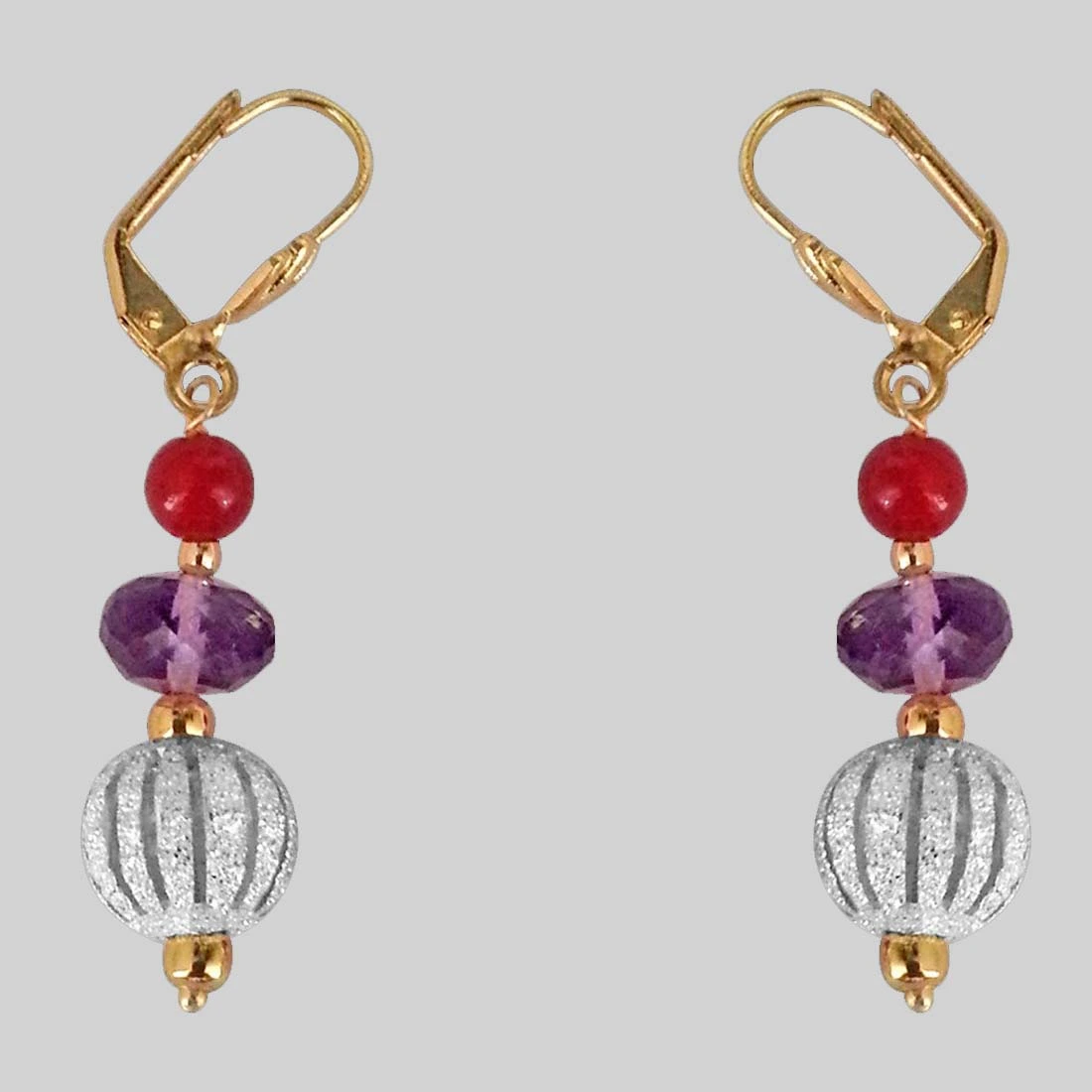 Fancy Purple Amethyst, Silver Plated Ball & Red Beads Earrings (SE178)